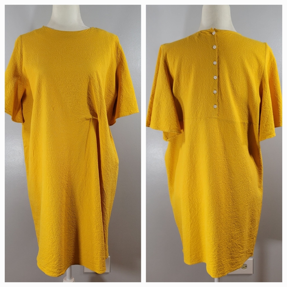 ZARA WOMAN yellow retro textured flutter sleeve crewneck shift dress